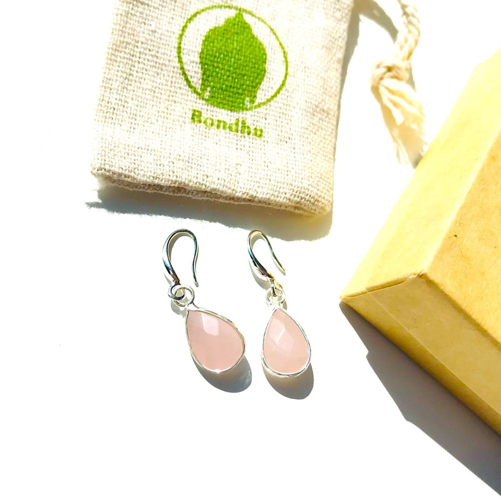 Dainty Pink Rose Quartz Crystal stone teardrop sterling silver 925 Hook Earrings